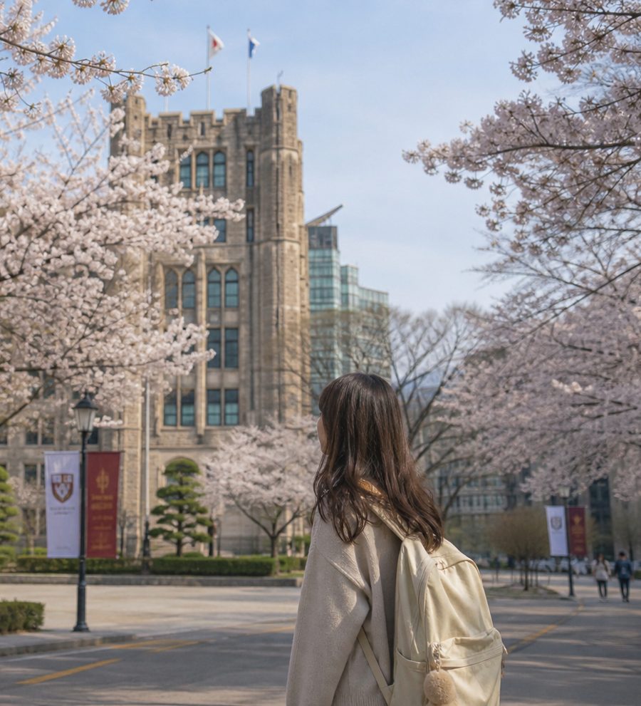 桜の咲く韓国の大学キャンパスを歩く留学生
