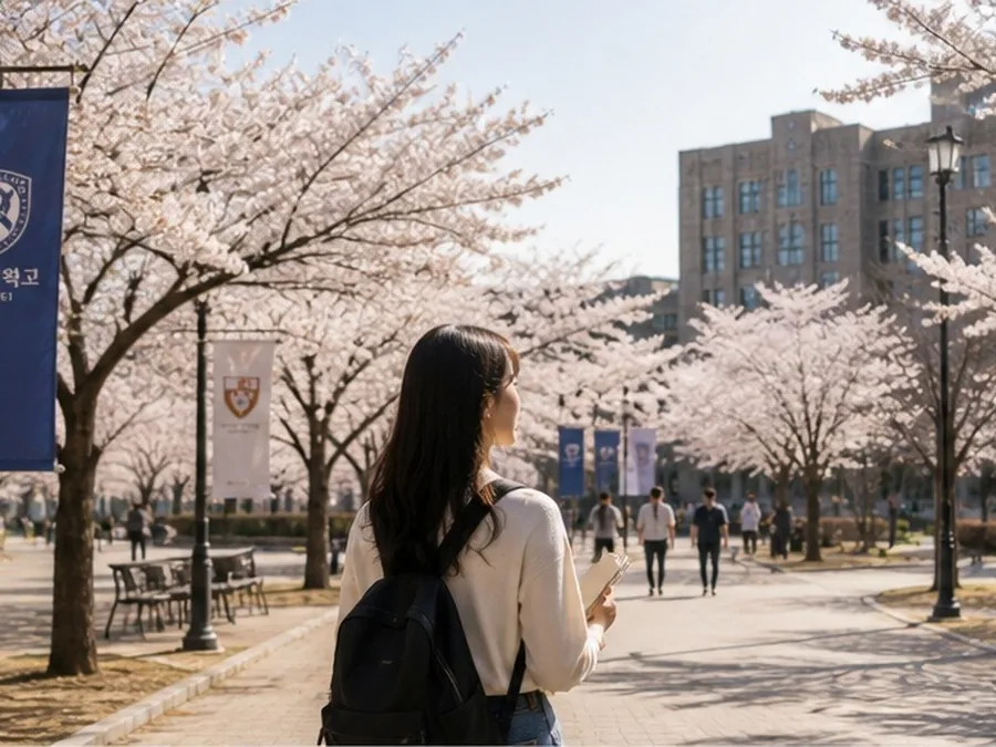 桜の咲くキャンパスを歩く留学生